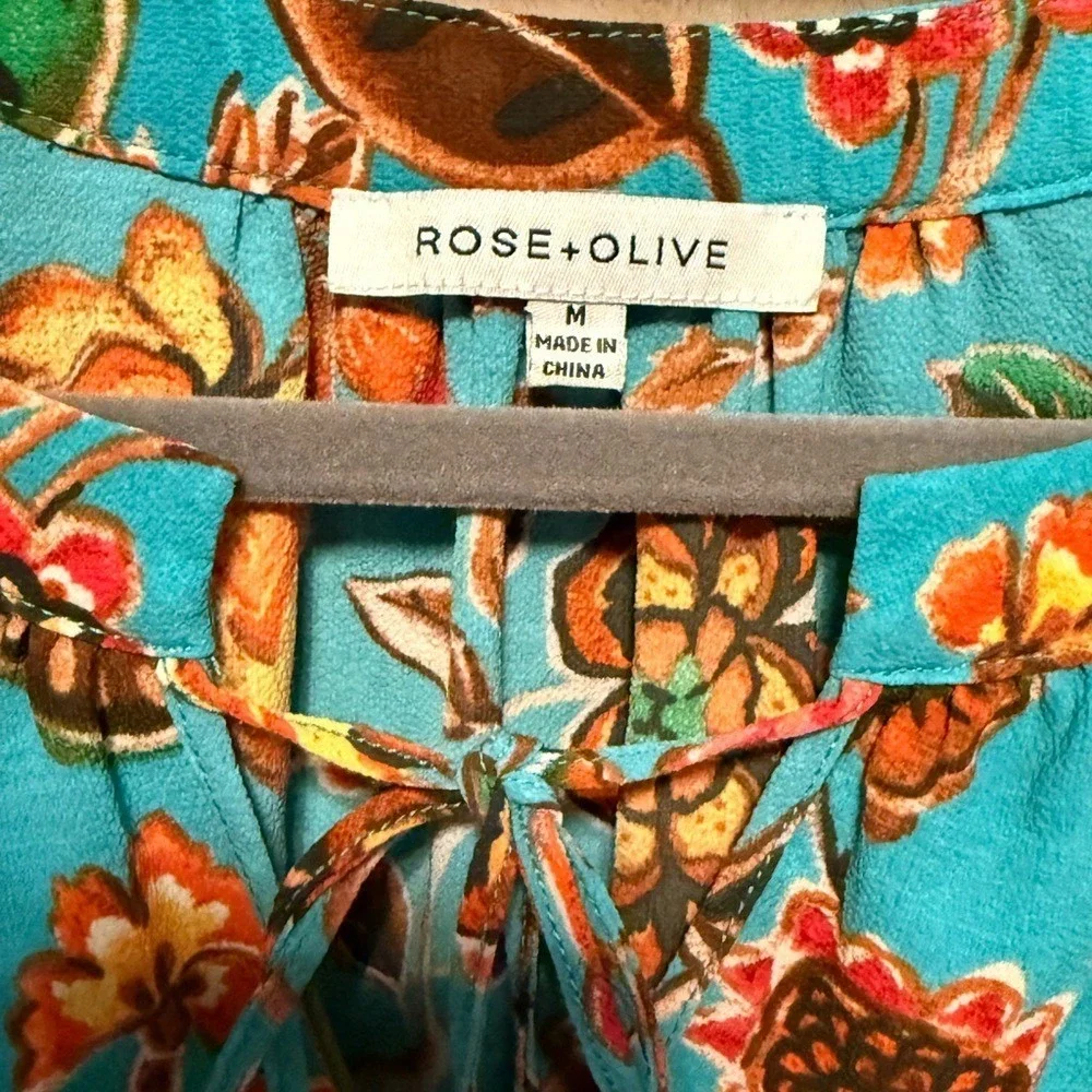 Rose &‎ Olive Teal Floral Blouse size Medium Sleeveless - Picture 3 of 10